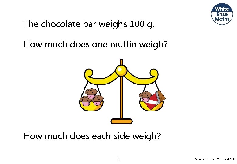 The chocolate bar weighs 100 g. How much does one muffin weigh? How much