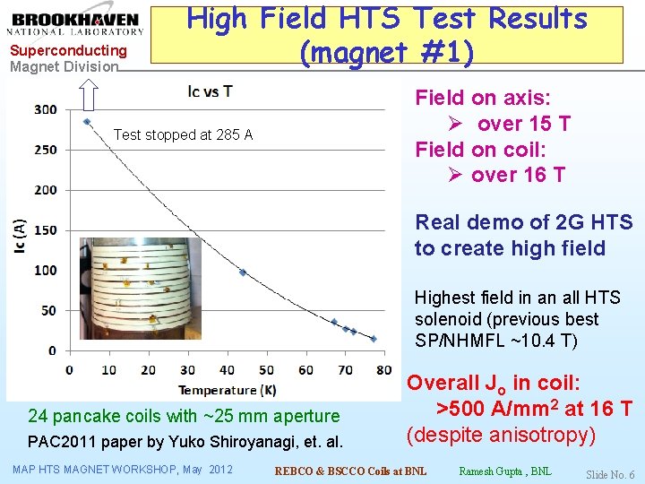 Superconducting Magnet Division High Field HTS Test Results (magnet #1) Field on axis: Ø