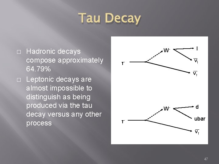 Tau Decay � � Hadronic decays compose approximately 64. 79% Leptonic decays are almost