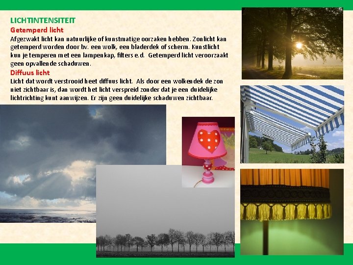 LICHTINTENSITEIT Getemperd licht Afgezwakt licht kan natuurlijke of kunstmatige oorzaken hebben. Zonlicht kan getemperd