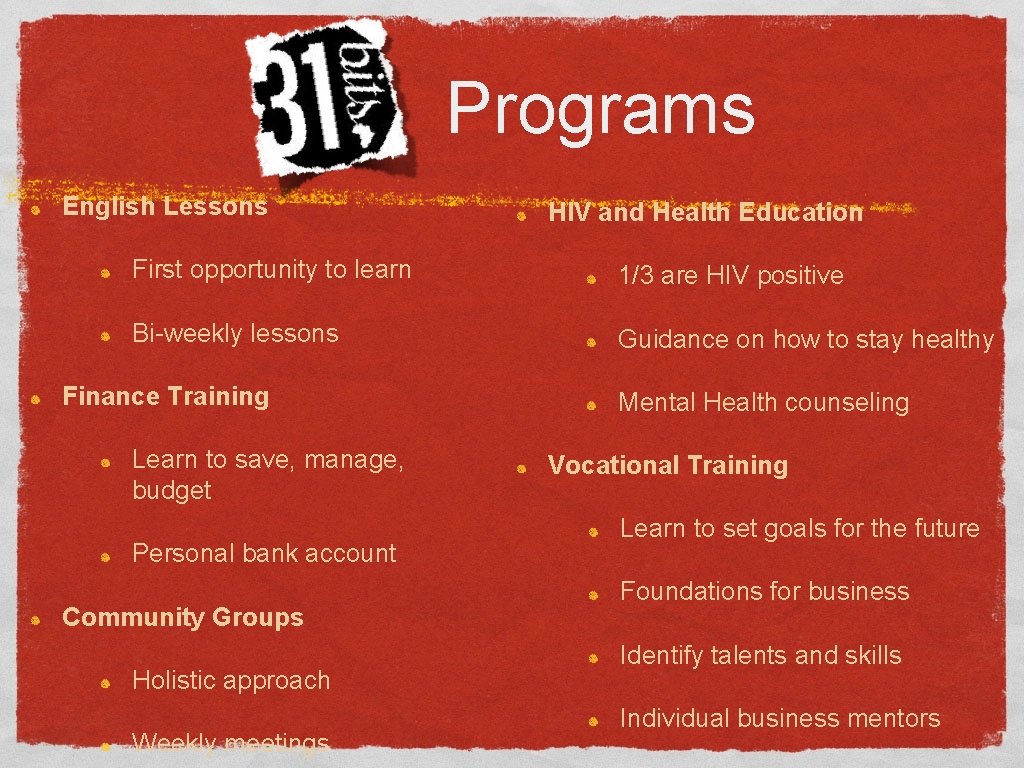 Programs English Lessons HIV and Health Education First opportunity to learn 1/3 are HIV