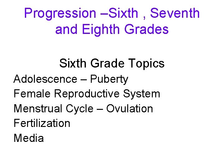 Progression –Sixth , Seventh and Eighth Grades Sixth Grade Topics Adolescence – Puberty Female