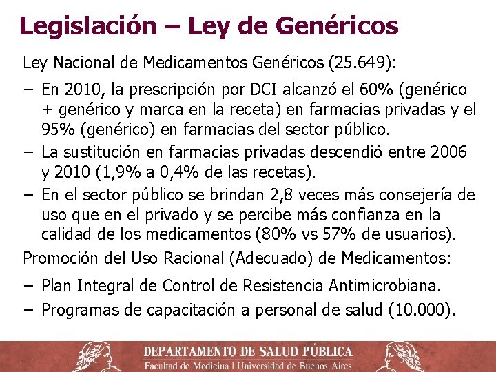 Legislación – Ley de Genéricos Ley Nacional de Medicamentos Genéricos (25. 649): − En