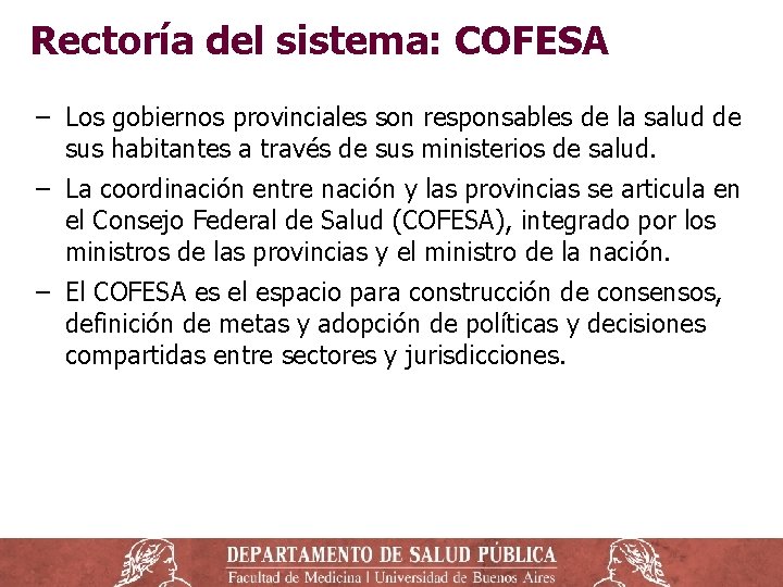 Rectoría del sistema: COFESA ‒ Los gobiernos provinciales son responsables de la salud de