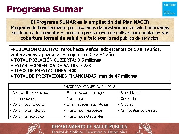 Programa Sumar El Programa SUMAR es la ampliación del Plan NACER Programa de financiamiento