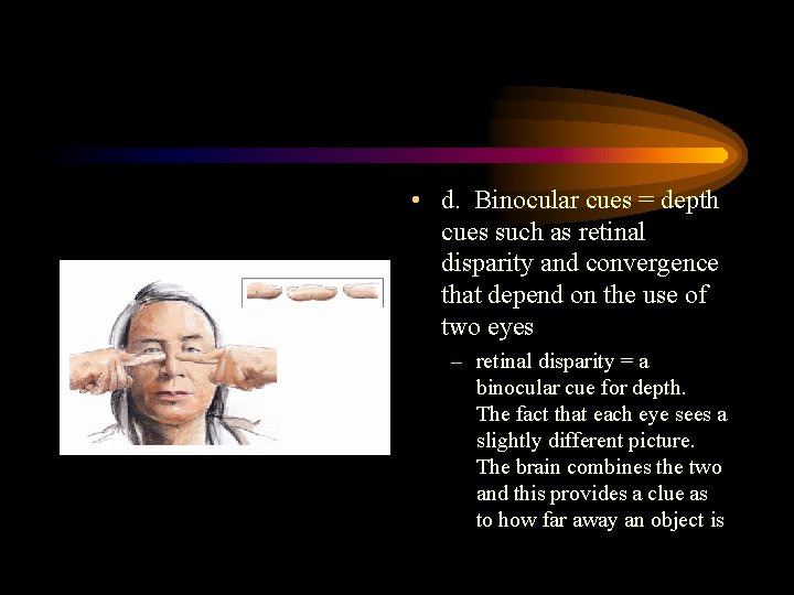  • d. Binocular cues = depth cues such as retinal disparity and convergence