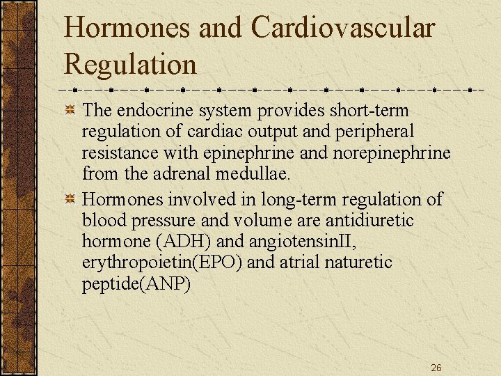 Hormones and Cardiovascular Regulation The endocrine system provides short-term regulation of cardiac output and