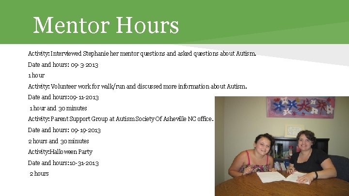 Mentor Hours Activity: Interviewed Stephanie her mentor questions and asked questions about Autism. Date