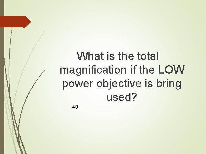What is the total magnification if the LOW power objective is bring used? 40