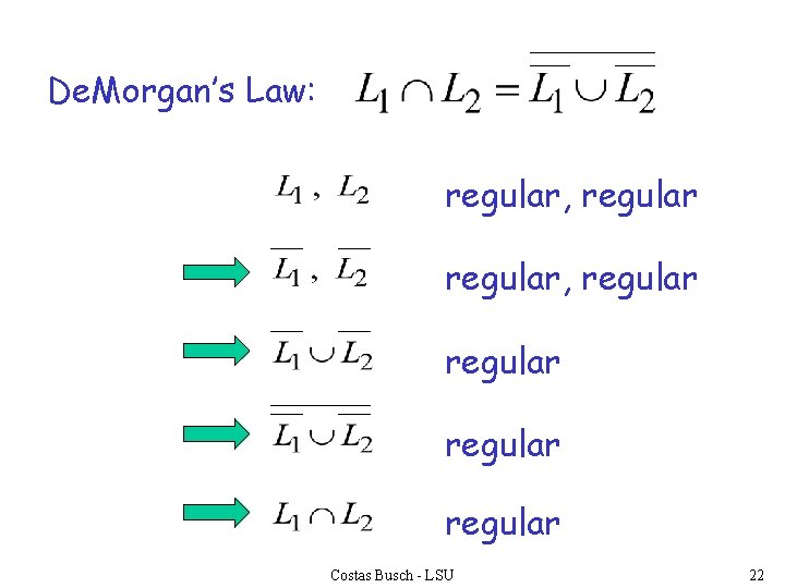 De. Morgan’s Law: regular, regular regular Costas Busch - LSU 22 