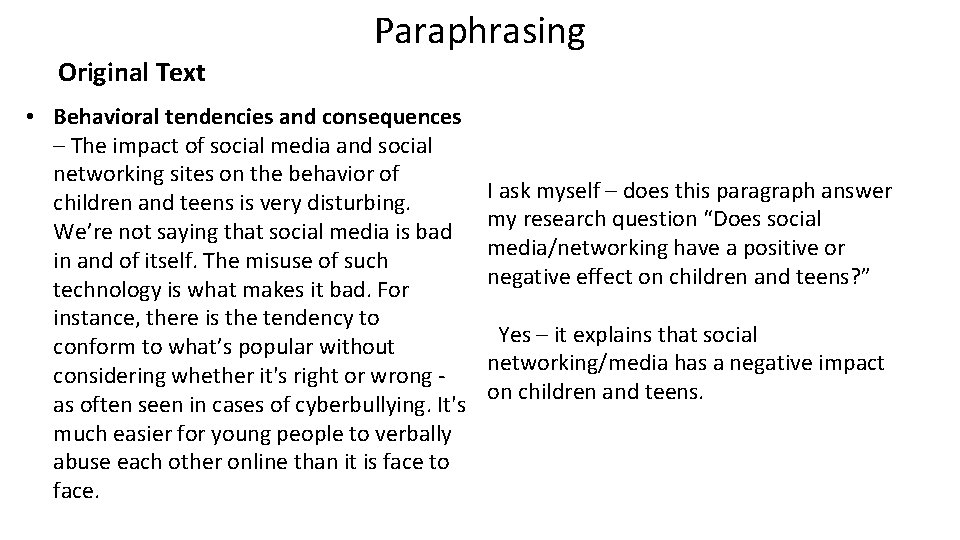 Paraphrasing Original Text • Behavioral tendencies and consequences – The impact of social media