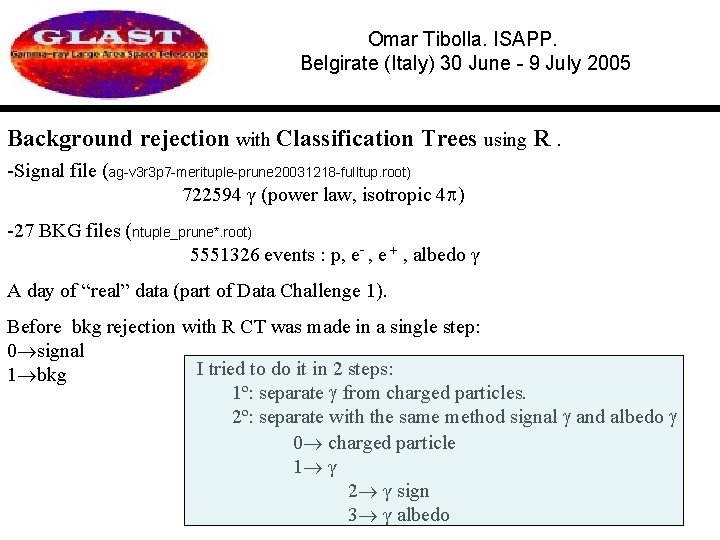 Omar Tibolla. ISAPP. Belgirate (Italy) 30 June - 9 July 2005 Background rejection with