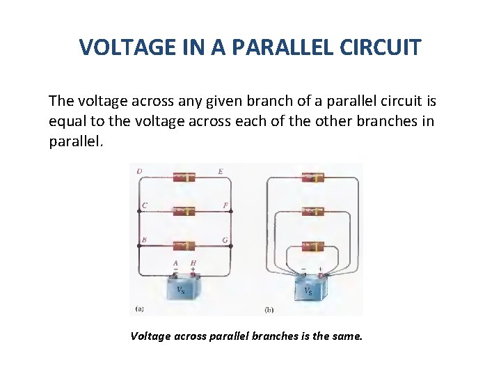 VOLTAGE IN A PARALLEL CIRCUIT The voltage across any given branch of a parallel
