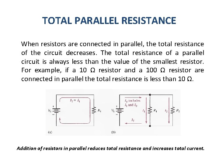 TOTAL PARALLEL RESISTANCE When resistors are connected in parallel, the total resistance of the