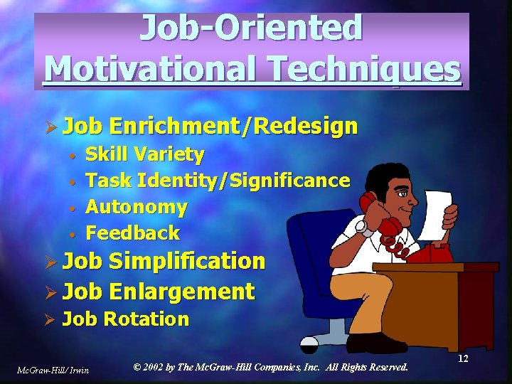Job-Oriented Motivational Techniques Ø Job • • Enrichment/Redesign Skill Variety Task Identity/Significance Autonomy Feedback