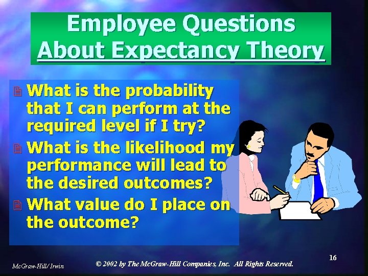 Employee Questions About Expectancy Theory 2 What is the probability that I can perform