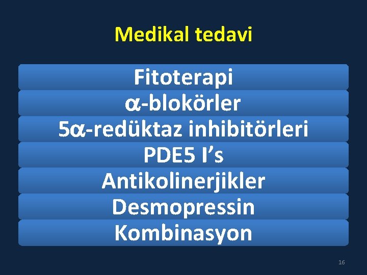 Medikal tedavi Fitoterapi -blokörler 5 -redüktaz inhibitörleri PDE 5 I’s Antikolinerjikler Desmopressin Kombinasyon 16