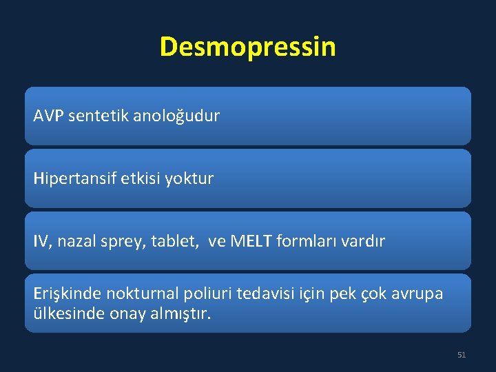Desmopressin AVP sentetik anoloğudur Hipertansif etkisi yoktur IV, nazal sprey, tablet, ve MELT formları