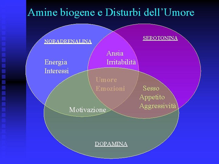 Amine biogene e Disturbi dell’Umore SEROTONINA NORADRENALINA Ansia Irritabilità Energia Interessi Umore Emozioni Motivazione