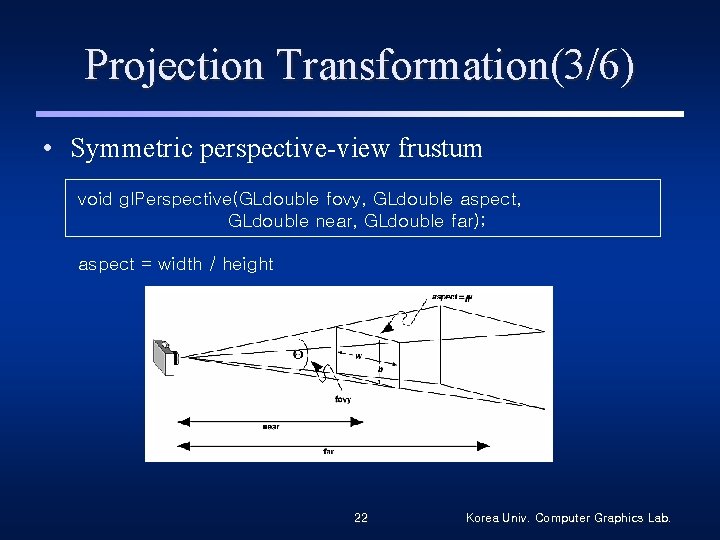 Projection Transformation(3/6) • Symmetric perspective-view frustum void gl. Perspective(GLdouble fovy, GLdouble aspect, GLdouble near,