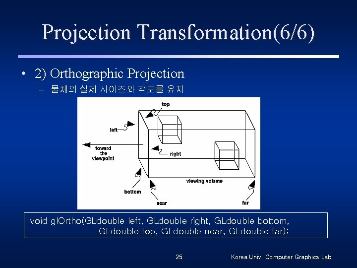 Projection Transformation(6/6) • 2) Orthographic Projection – 물체의 실제 사이즈와 각도를 유지 void gl.