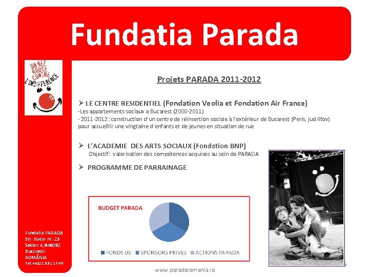 Fundatia Parada Projets PARADA 2011 -2012 Ø LE CENTRE RESIDENTIEL (Fondation Veolia et Fondation