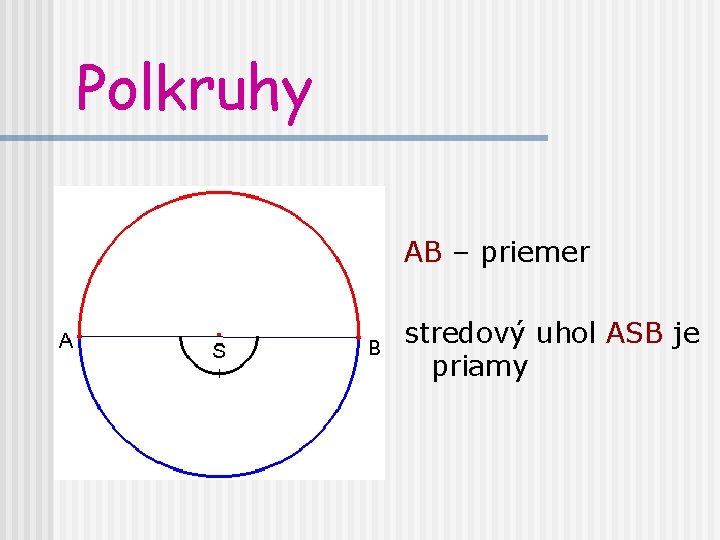 Polkruhy AB – priemer stredový uhol ASB je priamy 