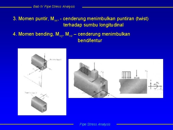 Bab IV Pipe Stress Analysis 3. Momen puntir, Mxx, - cenderung menimbulkan puntiran (twist)