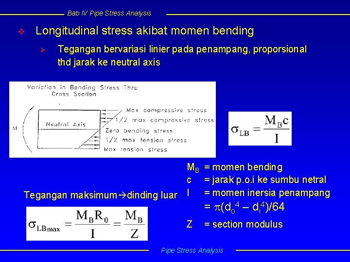 Bab IV Pipe Stress Analysis v Longitudinal stress akibat momen bending Ø Tegangan bervariasi