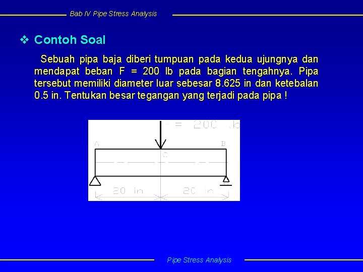 Bab IV Pipe Stress Analysis v Contoh Soal Sebuah pipa baja diberi tumpuan pada