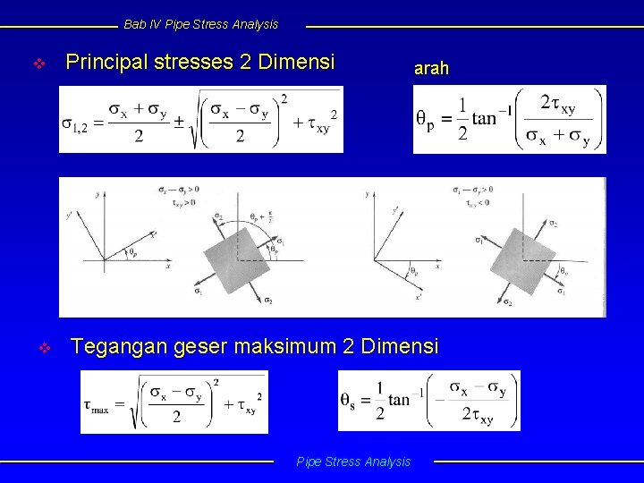 Bab IV Pipe Stress Analysis v v Principal stresses 2 Dimensi arah Tegangan geser