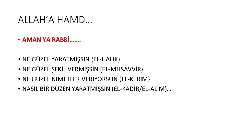 ALLAH’A HAMD… • AMAN YA RABBİ……. • NE GÜZEL YARATMIŞSIN (EL-HALIK) • NE GÜZEL