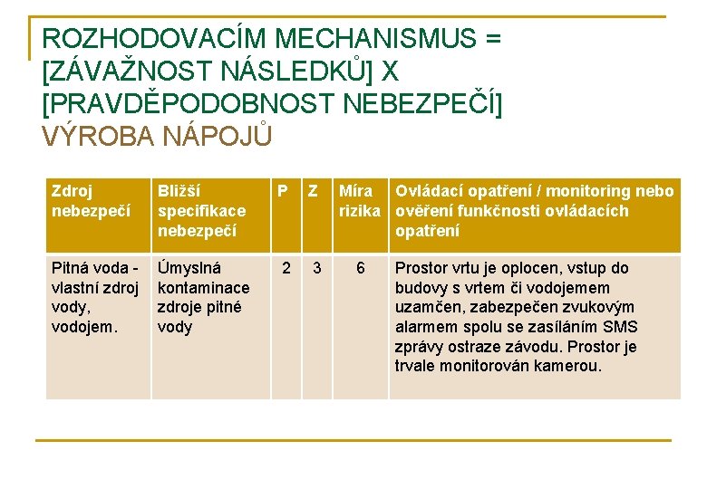 ROZHODOVACÍM MECHANISMUS = [ZÁVAŽNOST NÁSLEDKŮ] X [PRAVDĚPODOBNOST NEBEZPEČÍ] VÝROBA NÁPOJŮ Zdroj nebezpečí Bližší specifikace