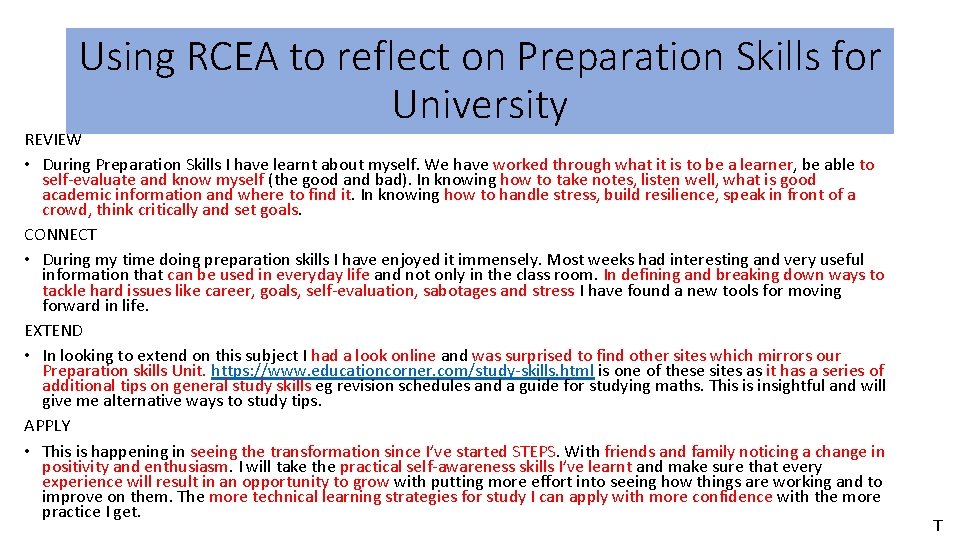 Using RCEA to reflect on Preparation Skills for University REVIEW • During Preparation Skills