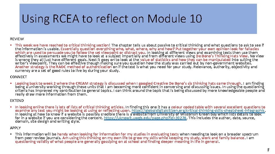 Using RCEA to reflect on Module 10 REVIEW • This week we have reached