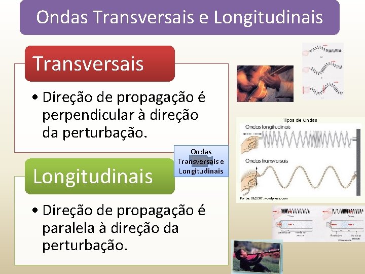 Ondas Transversais e Longitudinais Transversais • Direção de propagação é perpendicular à direção da