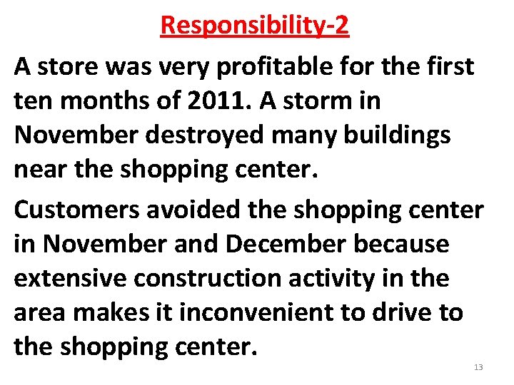 Responsibility-2 A store was very profitable for the first ten months of 2011. A