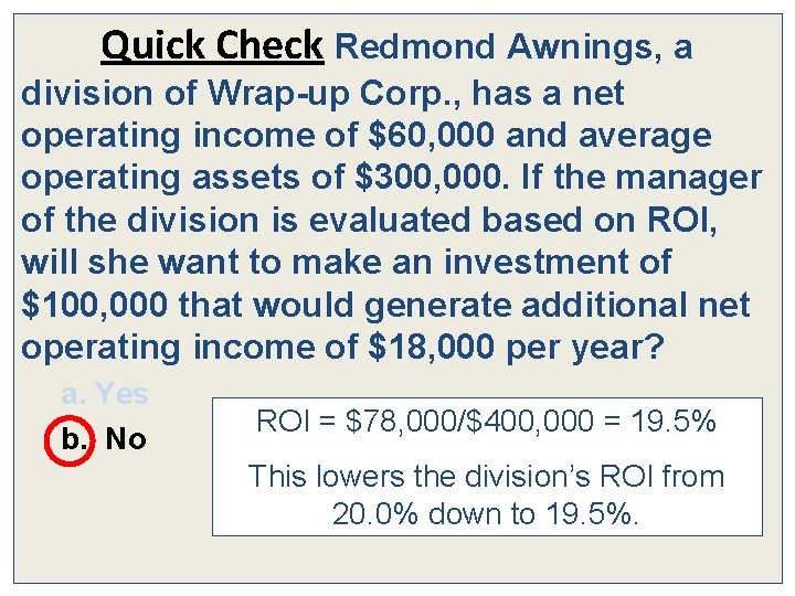 Quick Check Redmond Awnings, a division of Wrap-up Corp. , has a net operating