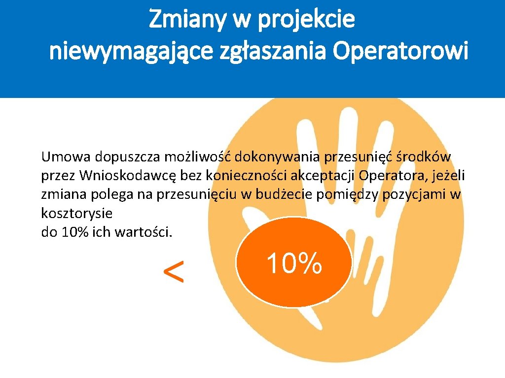 Zmiany w projekcie niewymagające zgłaszania Operatorowi Umowa dopuszcza możliwość dokonywania przesunięć środków przez Wnioskodawcę