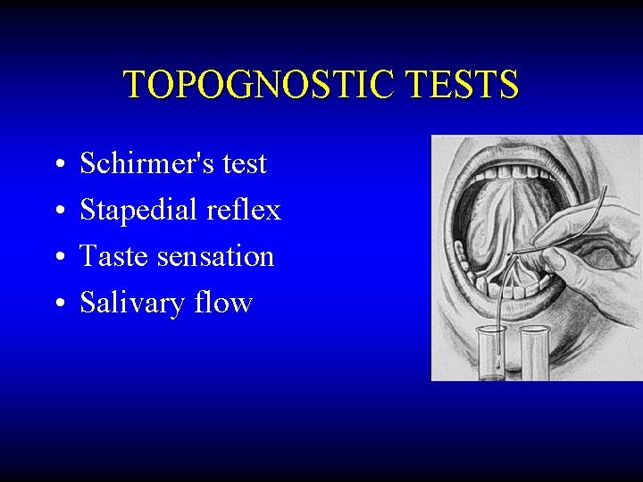 TOPOGNOSTIC TESTS • • Schirmer's test Stapedial reflex Taste sensation Salivary flow 