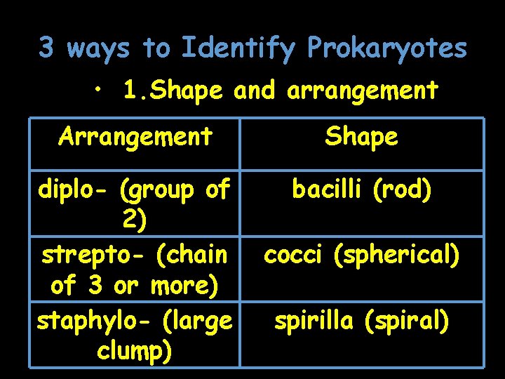 3 ways to Identify Prokaryotes • 1. Shape and arrangement Arrangement Shape diplo- (group