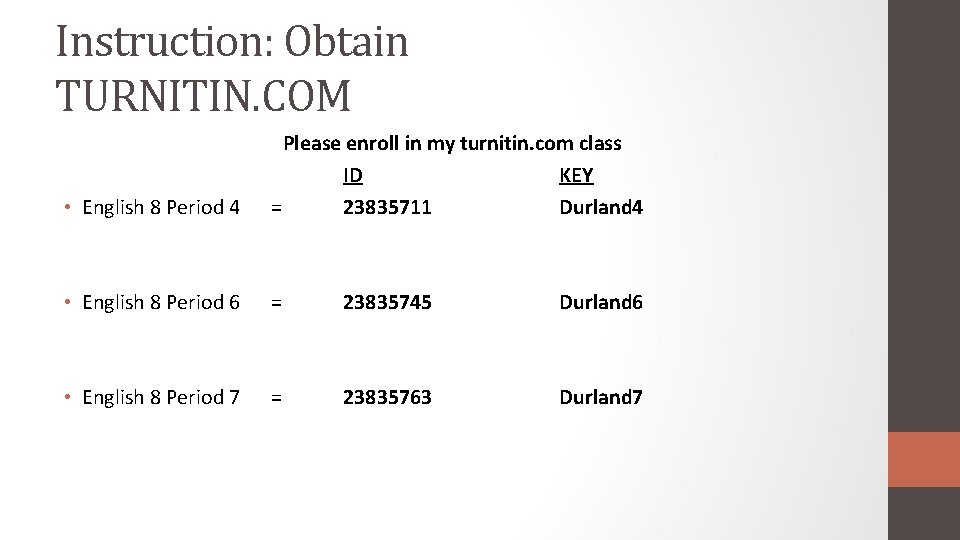 Instruction: Obtain TURNITIN. COM • English 8 Period 4 Please enroll in my turnitin.