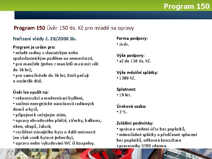 Program 150 Úvěr 150 tis. Kč pro mladé na opravy Nařízení vlády č. 28/2006