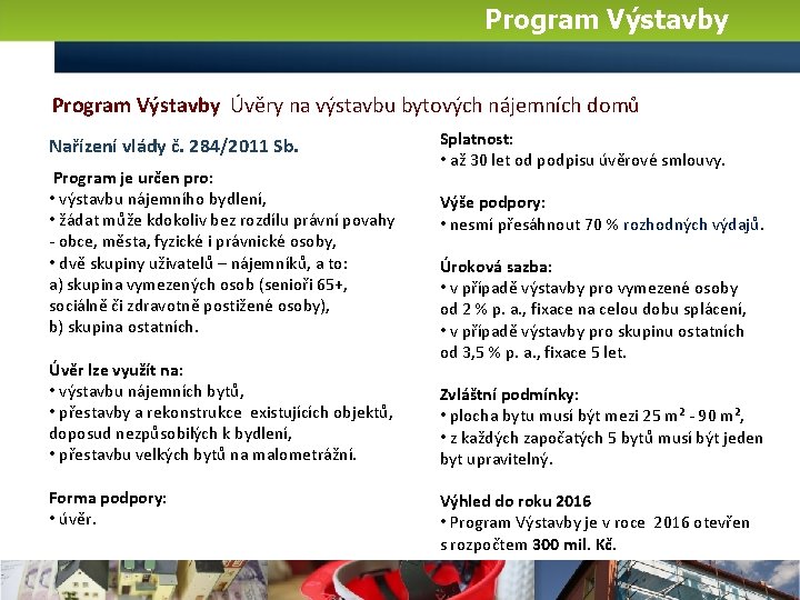 Program Výstavby Úvěry na výstavbu bytových nájemních domů Nařízení vlády č. 284/2011 Sb. Program