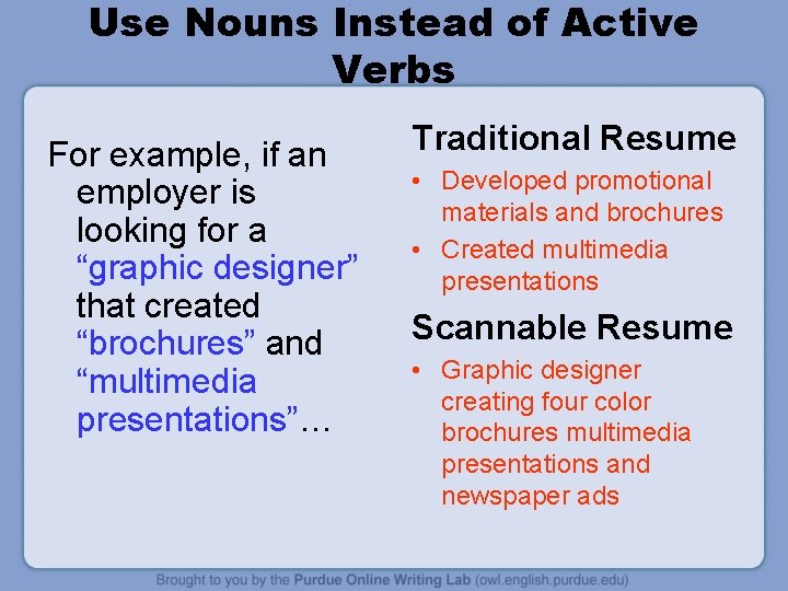 Use Nouns Instead of Active Verbs For example, if an employer is looking for