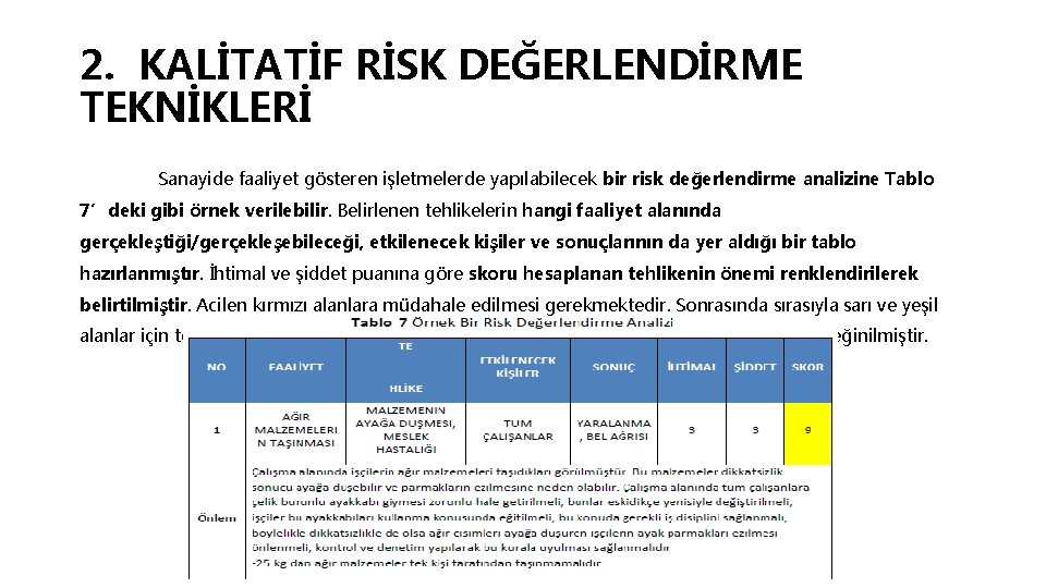 2. KALİTATİF RİSK DEĞERLENDİRME TEKNİKLERİ Sanayide faaliyet gösteren işletmelerde yapılabilecek bir risk değerlendirme analizine