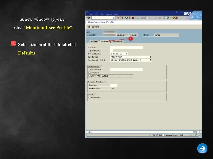 A new window appears titled “Maintain User Profile”. Select the middle tab labeled Defaults