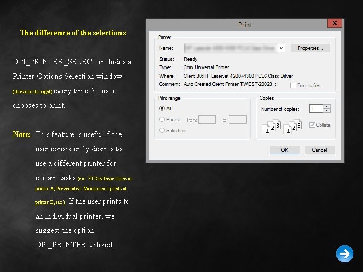 The difference of the selections DPI_PRINTER_SELECT includes a Printer Options Selection window (shown to