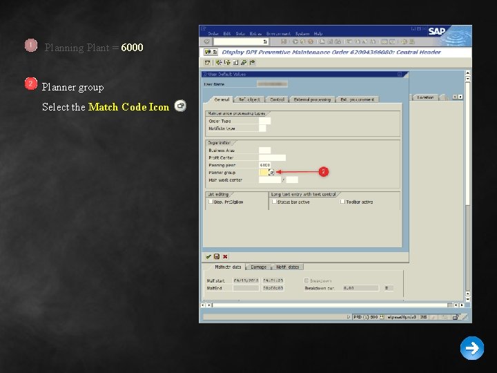 Planning Plant = 6000 Planner group Select the Match Code Icon 