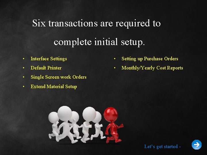 Six transactions are required to complete initial setup. • Interface Settings • Setting up